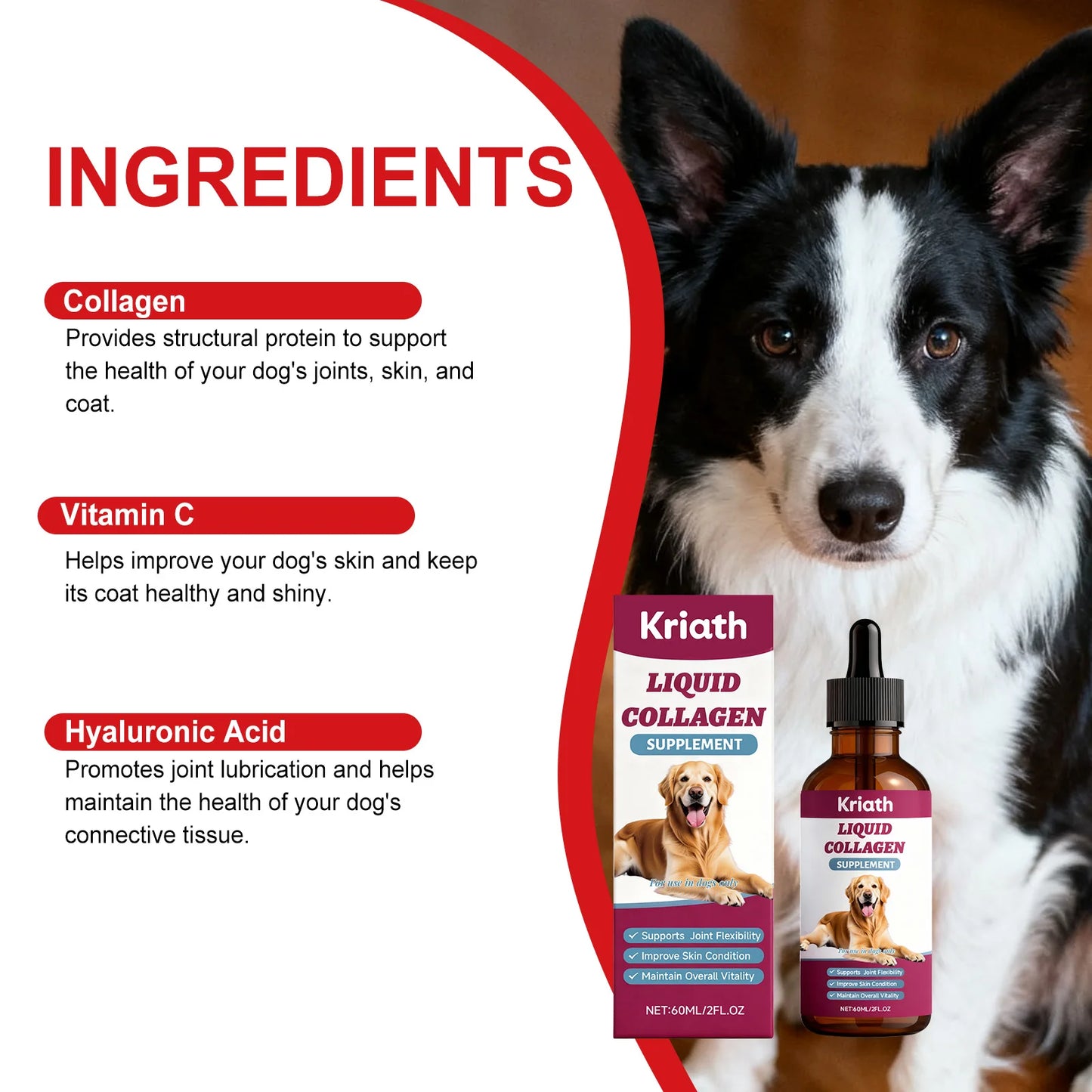 Collagen Drops for Dogs Only - Cares for Dog's Body, Gentle Formula, Nourishes Fur Health, Supports Joints, Skin & Bone Health