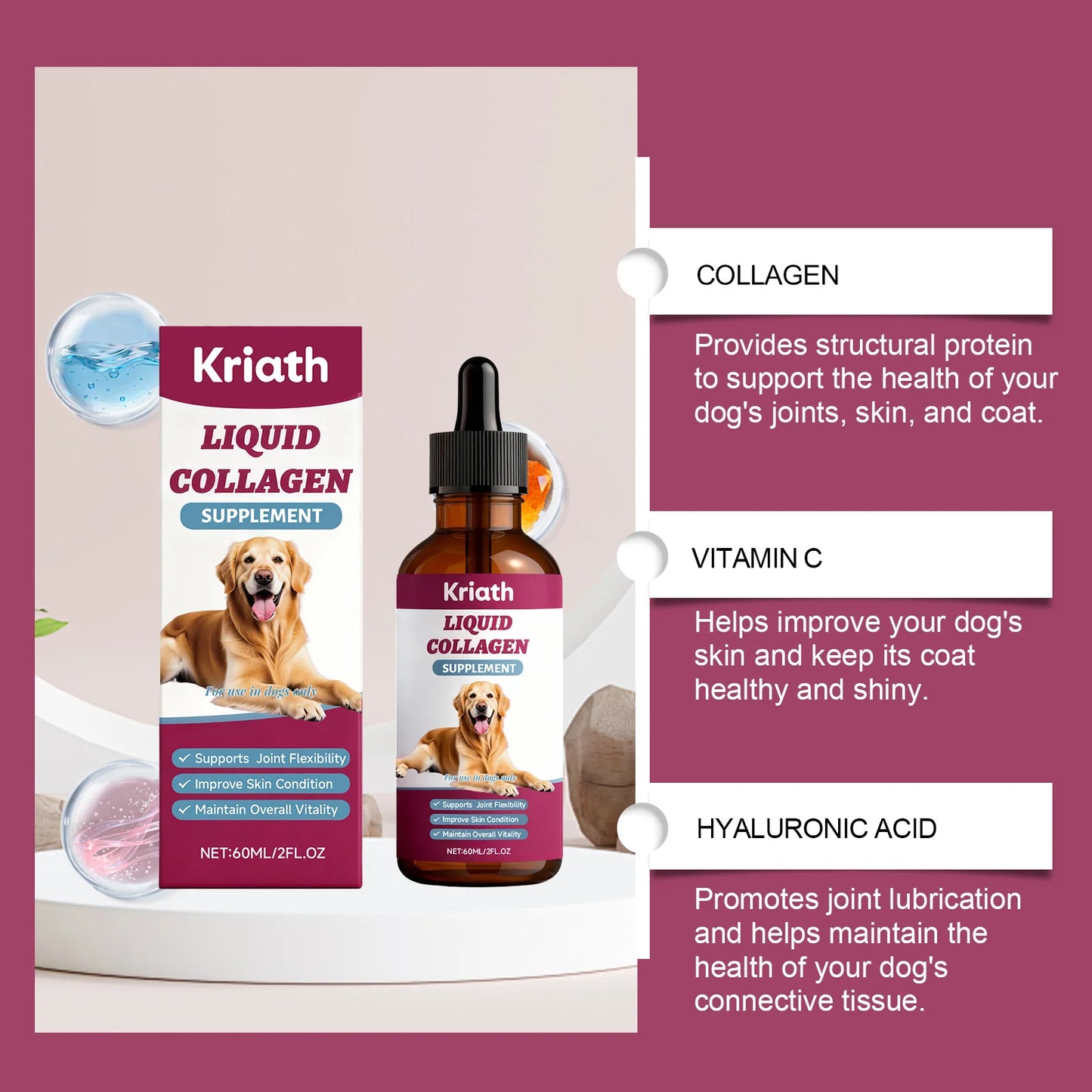 Collagen Drops for Dogs Only - Cares for Dog's Body, Gentle Formula, Nourishes Fur Health, Supports Joints, Skin & Bone Health