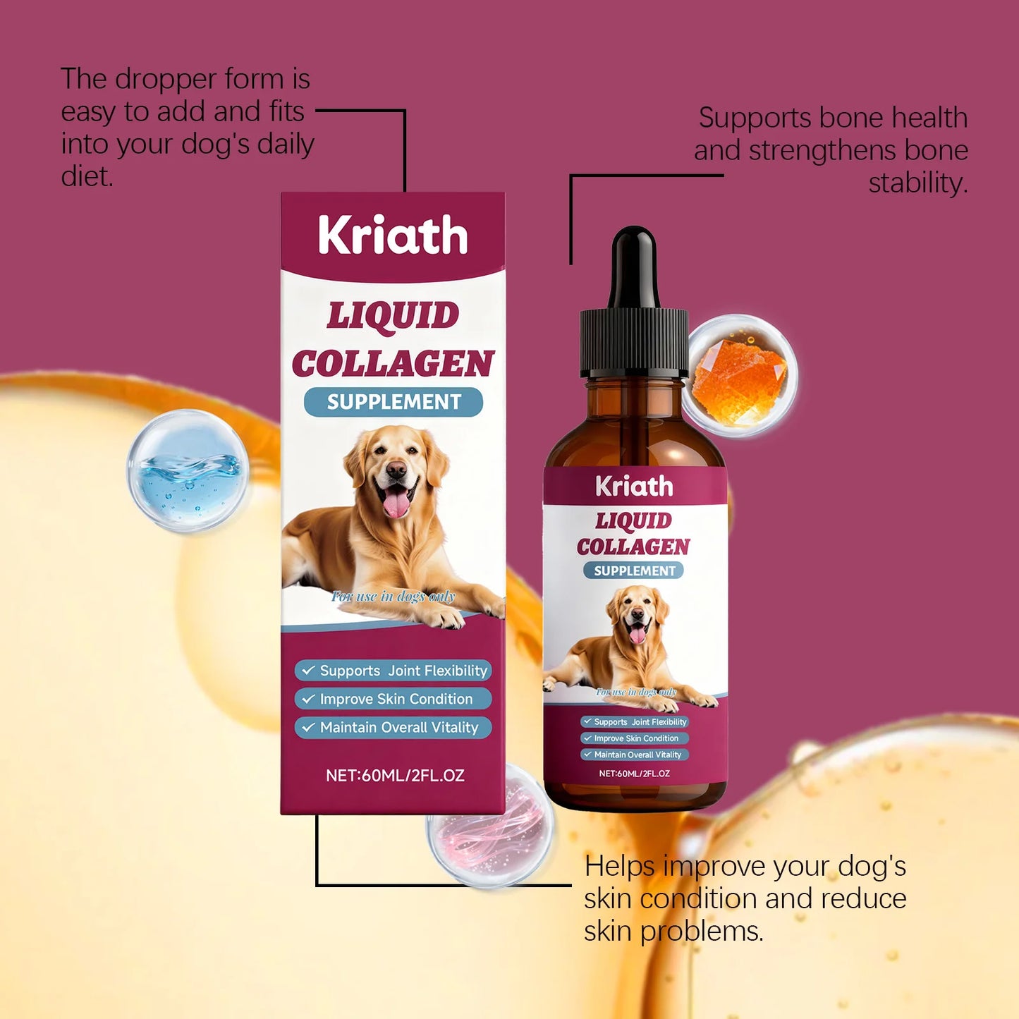 Collagen Drops for Dogs Only - Cares for Dog's Body, Gentle Formula, Nourishes Fur Health, Supports Joints, Skin & Bone Health